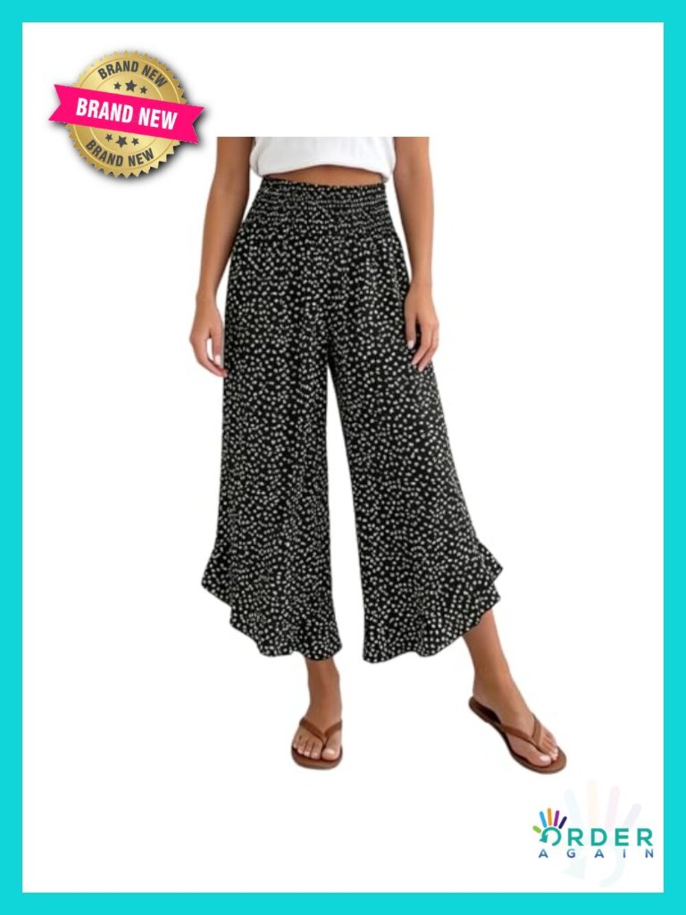 Wide Leg Cropped Pants High Waisted Smocked Ruffle Hem Summer Trousers